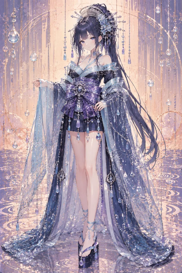 AIイラスト版｜紺青の短丈衣装に透ける水色の大袖を合わせた雨モチーフの花魁コーデ