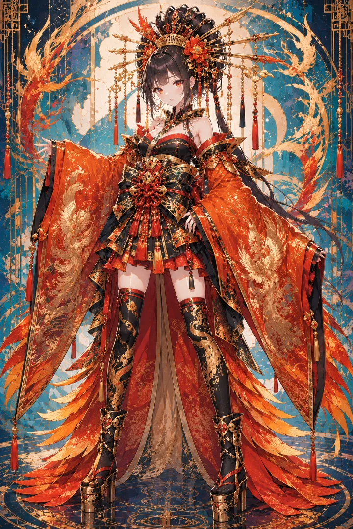 AIイラスト版｜朱と橙の前短後長衣装に黒金の帯を合わせた鳳凰モチーフの花魁コーデ