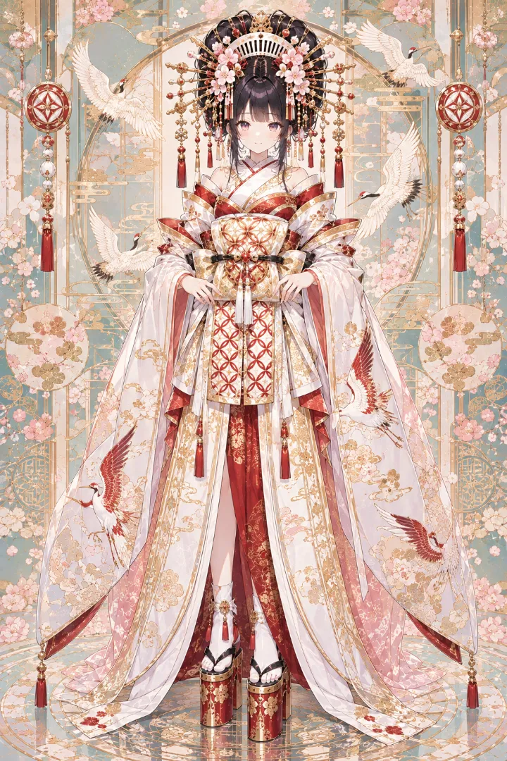 AIイラスト版｜白いロング着物と白金の帯を合わせた鶴模様の花魁コーデ