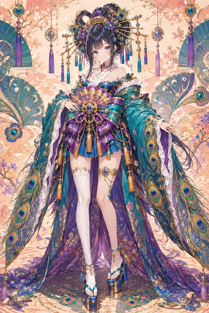 AIイラスト版｜青の短丈衣装と紫金の扇形帯を合わせた孔雀モチーフの花魁コーデ