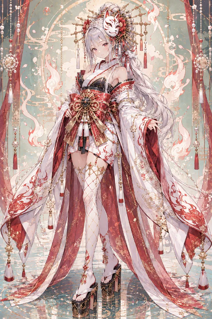 AIイラスト版｜白と紅の短丈衣装に白い分離袖を合わせた白狐モチーフの花魁コーデ