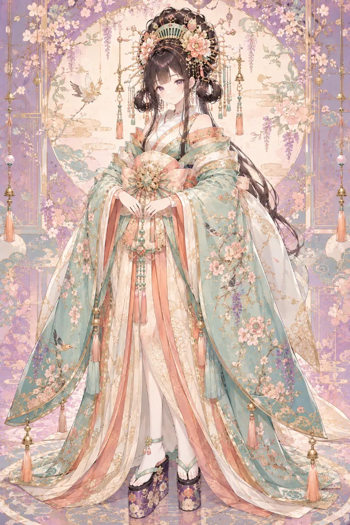 AIイラスト版｜青磁色のロング着物と桃色の花形帯を合わせた花魁コーデ
