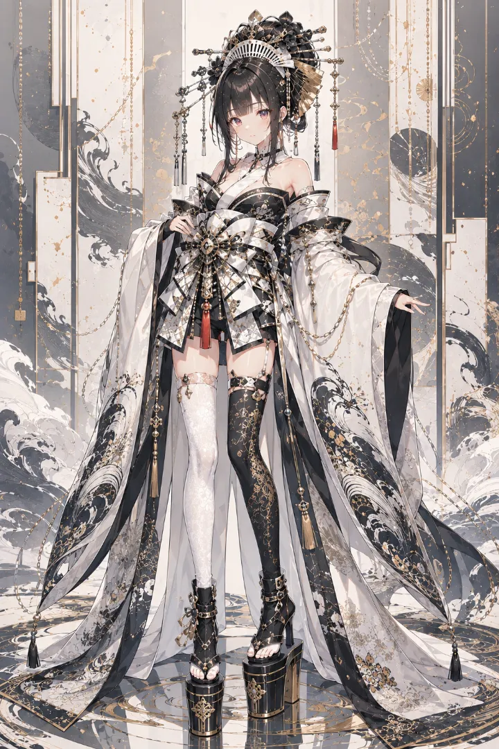 AIイラスト版｜黒白の超短丈衣装と銀白の帯を合わせたモダン花魁コーデ