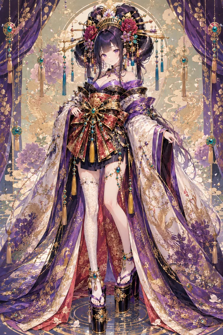 AIイラスト版｜王紫のロング着物と深紅の五重帯を合わせた豪華な花魁コーデ