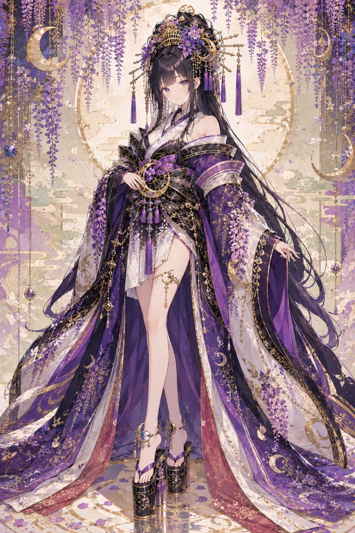 AIイラスト版｜紫紺のロング着物と黒金の帯を合わせた月と藤模様の花魁コーデ
