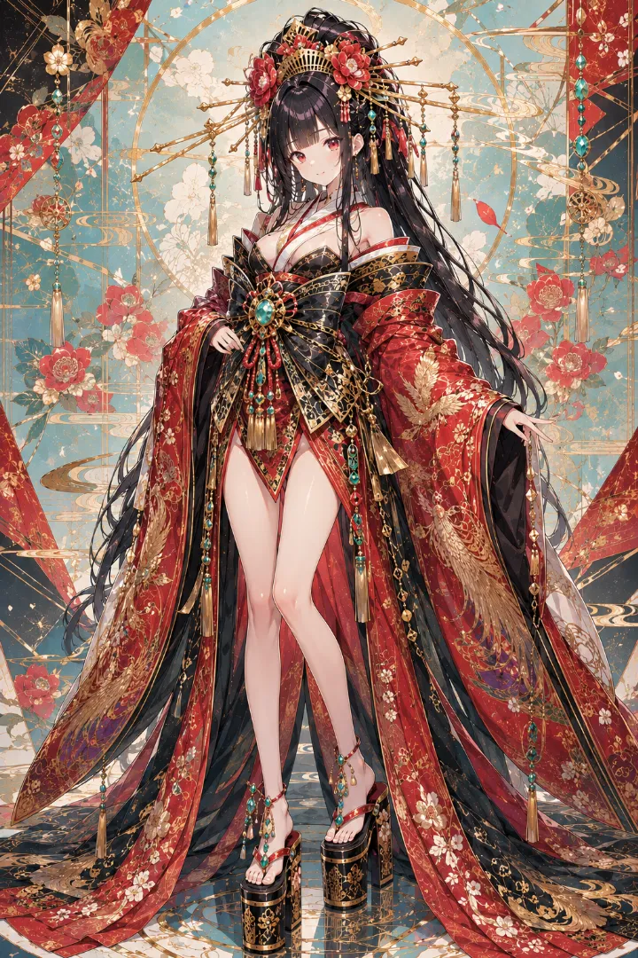 AIイラスト版｜赤黒の超短丈衣装と黒金の幅広い帯を合わせた鳳凰と椿模様の花魁コーデ