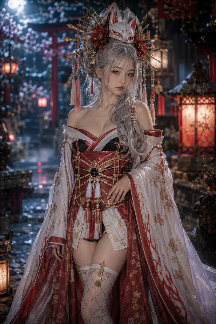 実写AI美女版｜白と紅の短丈衣装に白い分離袖を合わせた白狐モチーフの花魁コーデ