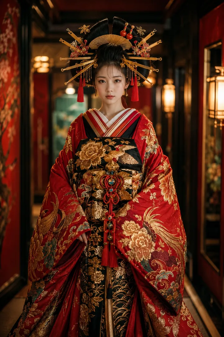 実写AI美女版｜朱色のロング着物と黒金の幅広い帯を合わせた王道花魁コーデ