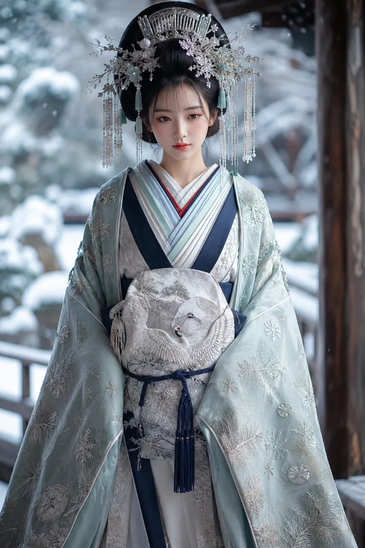 実写AI美女版｜雪白と青磁のロング着物に銀白の帯を合わせた雪模様の花魁コーデ