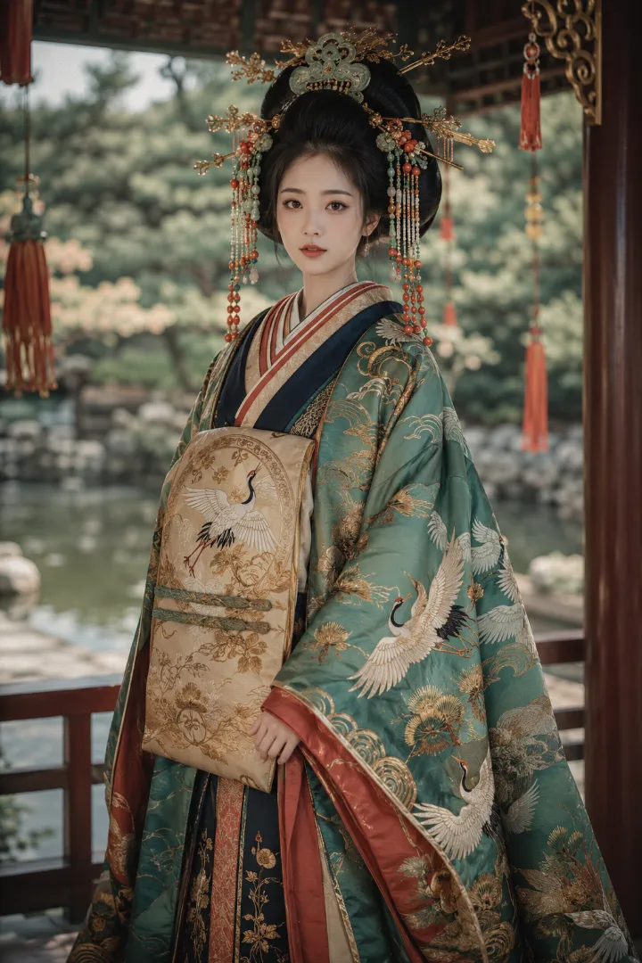 実写AI美女版｜翡翠色のロング着物と生成りの帯を合わせた鶴模様の花魁コーデ