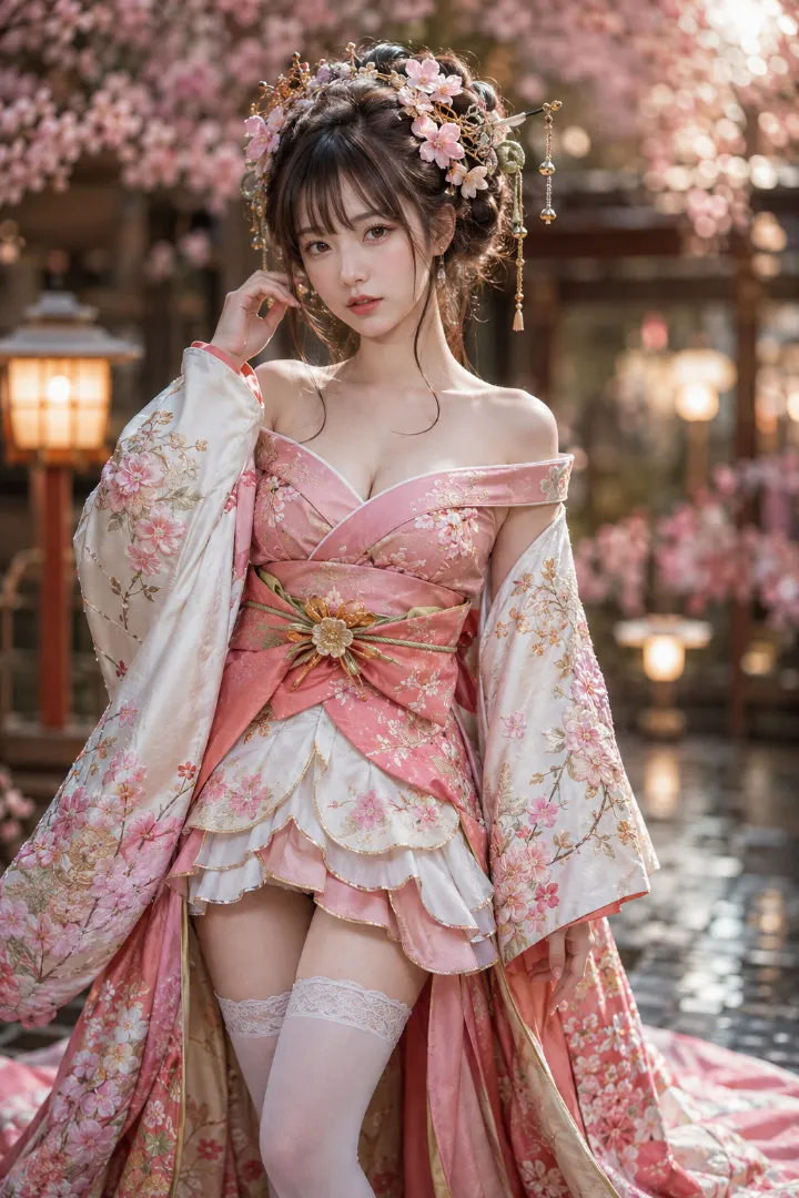 実写AI美女版｜桜色の前短後長ドレスとクリーム色の大袖を合わせた花魁コーデ