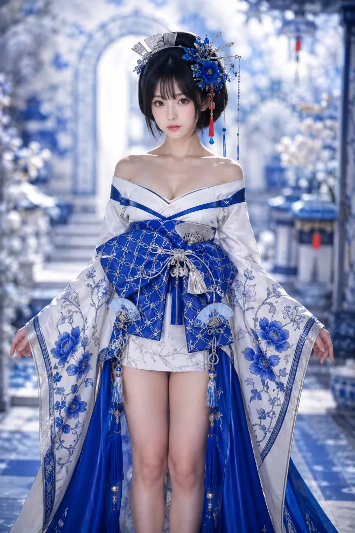 実写AI美女版｜白と青の短丈衣装に青い立体帯を合わせた磁器風花魁コーデ