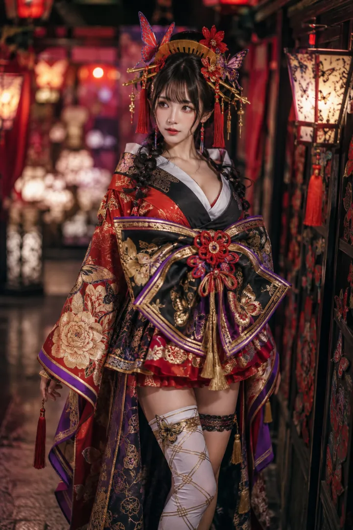 実写AI美女版｜緋色のミニ着物と黒金の幅広い帯を合わせた蝶模様の花魁コーデ