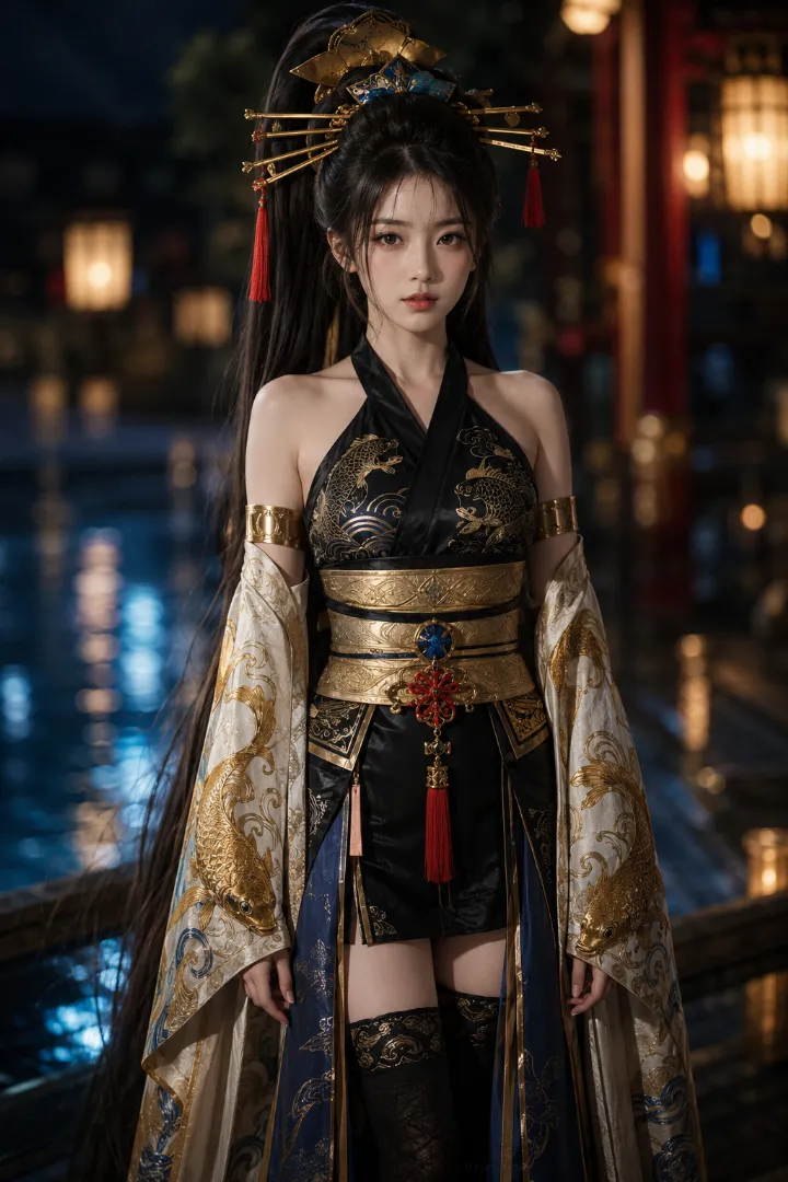 実写AI美女版｜黒の細身衣装と金の分離袖を合わせた鯉模様の花魁コーデ