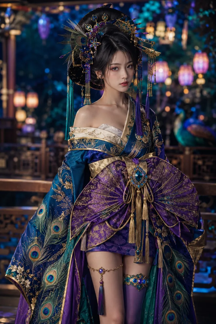実写AI美女版｜青緑の短丈衣装と紫金の扇形帯を合わせた孔雀モチーフの花魁コーデ