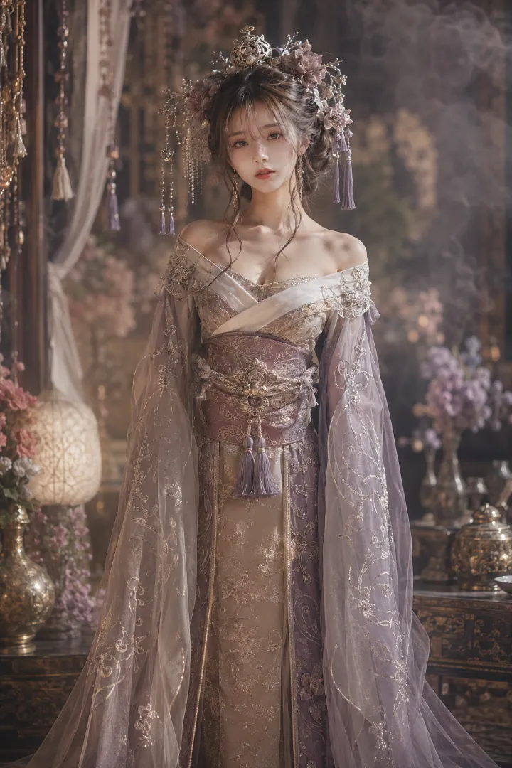 実写AI美女版｜薄金のロング着物に透ける長袖とくすみ桃の帯を合わせた花魁コーデ