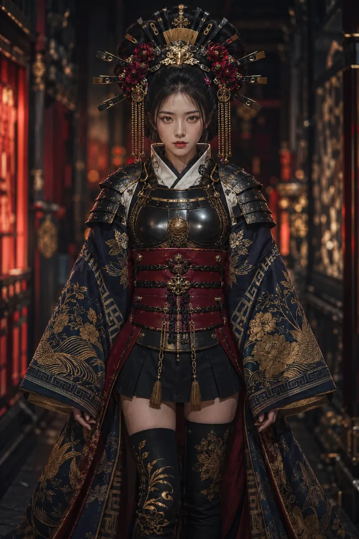 実写AI美女版｜黒い甲冑風上衣と紺の大袖を合わせた武装花魁コーデ
