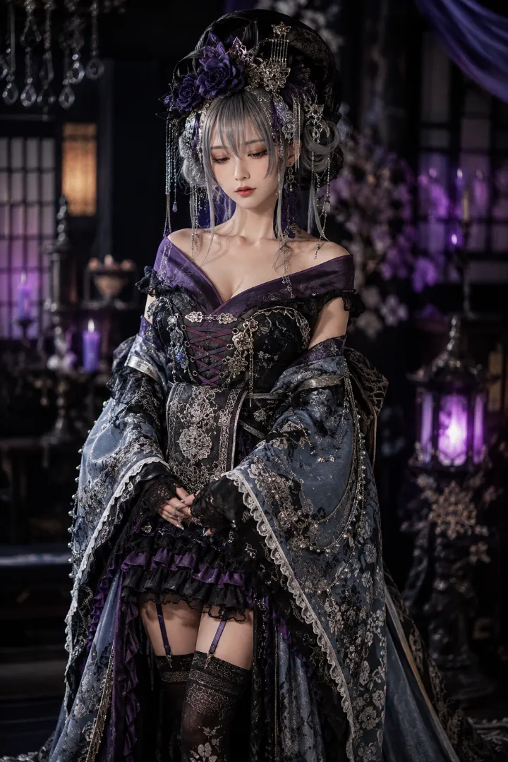 実写AI美女版｜黒紫の短丈衣装と黒コルセットを合わせたゴシック花魁コーデ