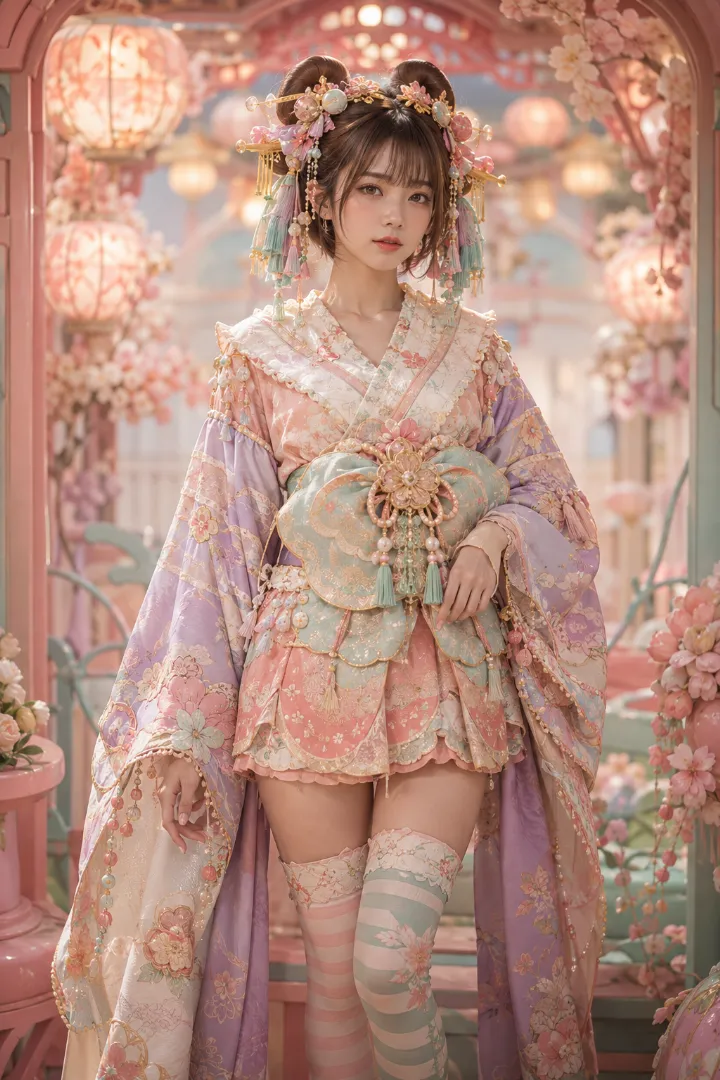 実写AI美女版｜桃色のミニ着物とパステルカラーの帯を合わせた花魁コーデ