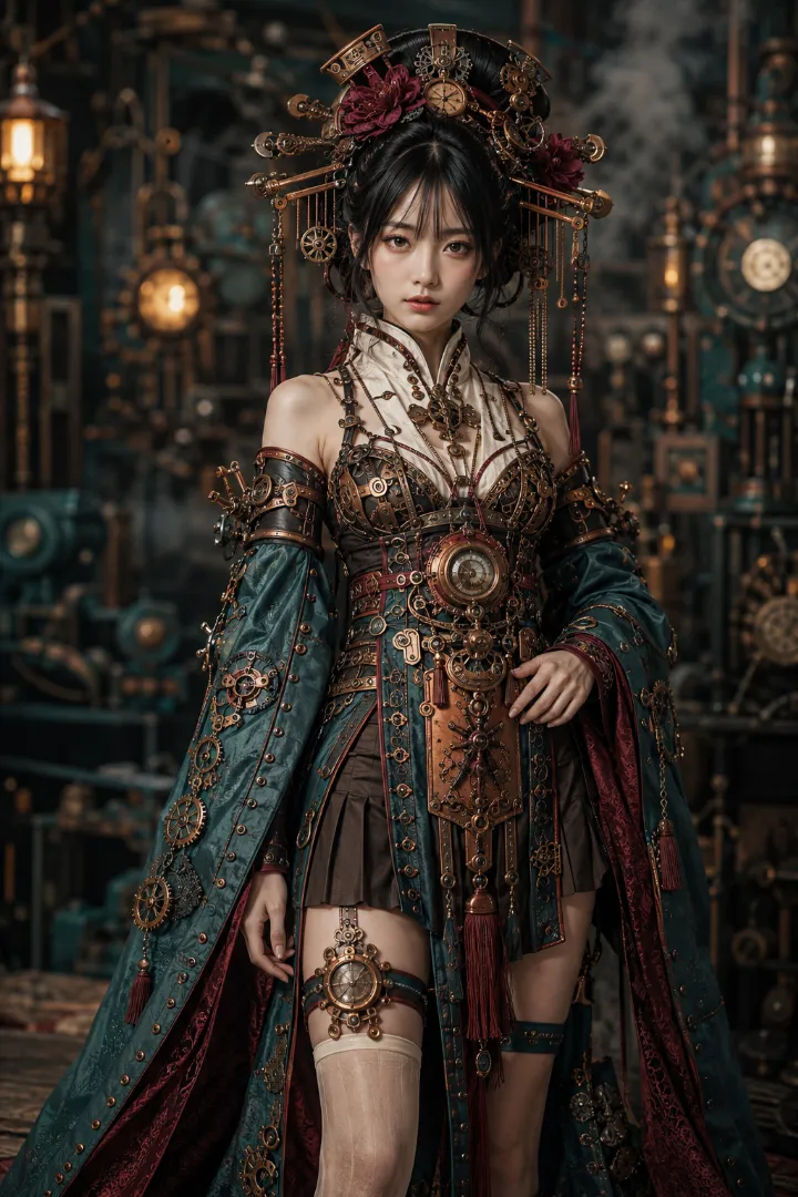 実写AI美女版｜深青緑の衣装に銅の帯と歯車装飾を合わせた機巧花魁コーデ