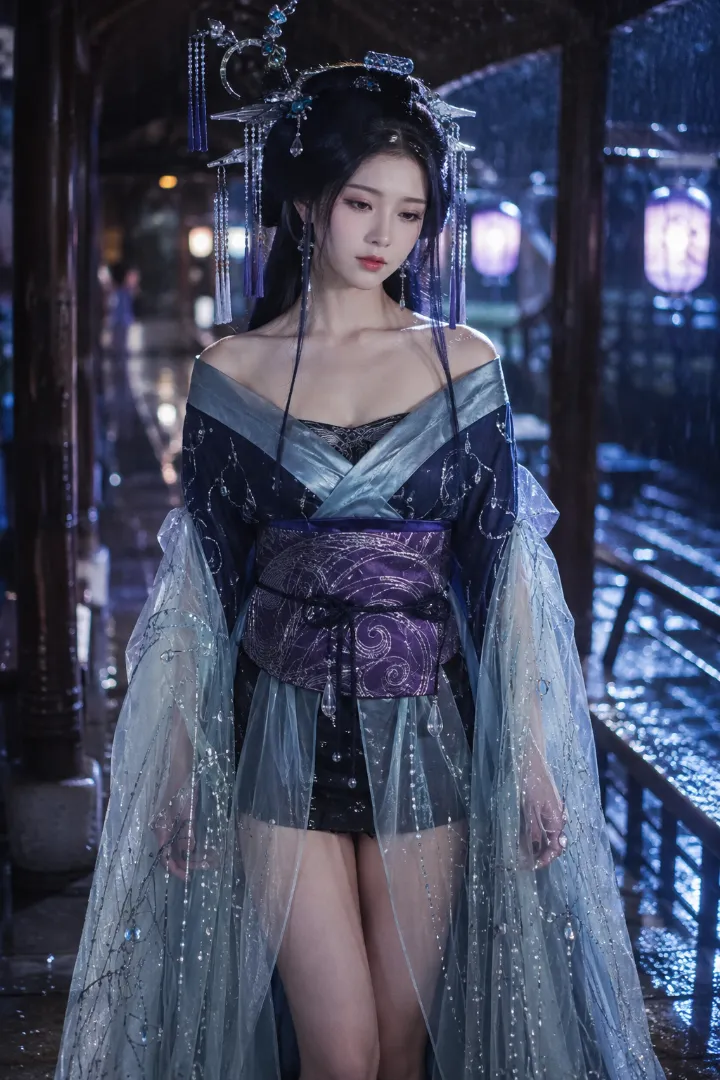 実写AI美女版｜紺青の短丈衣装に透ける水色の大袖を合わせた雨モチーフの花魁コーデ