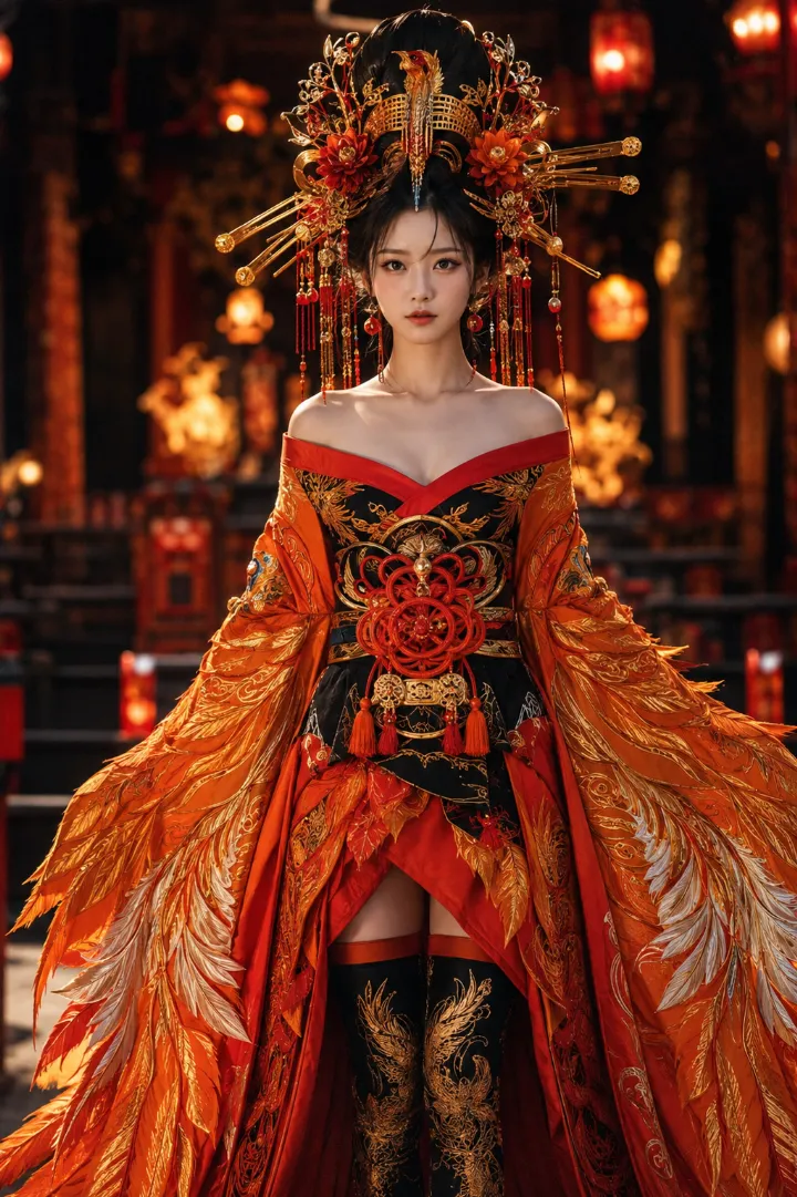 実写AI美女版｜朱と橙の前短後長衣装に黒金の帯を合わせた鳳凰モチーフの花魁コーデ