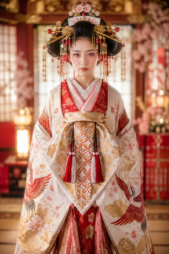 実写AI美女版｜白いロング着物と白金の帯を合わせた鶴模様の花魁コーデ