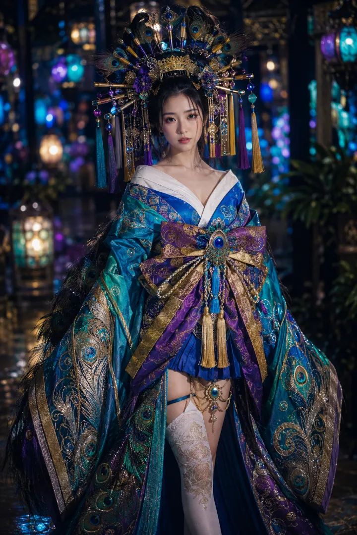 実写AI美女版｜青の短丈衣装と紫金の扇形帯を合わせた孔雀モチーフの花魁コーデ