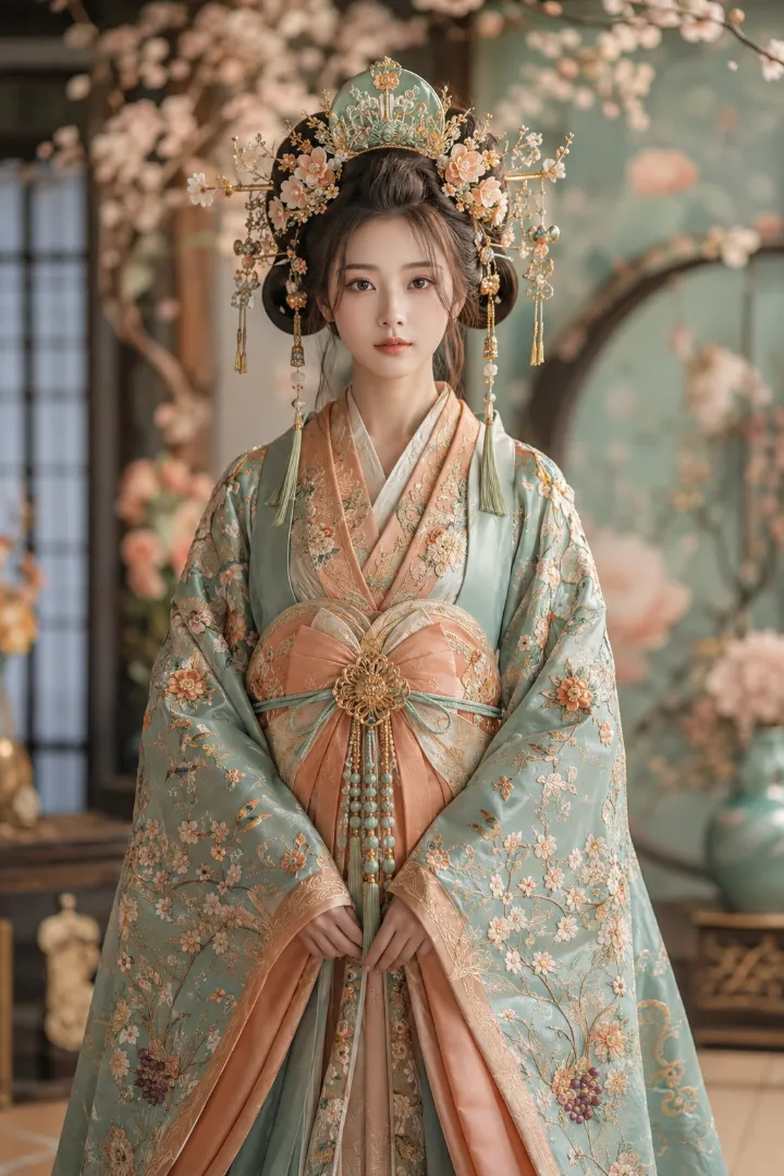 実写AI美女版｜青磁色のロング着物と桃色の花形帯を合わせた花魁コーデ