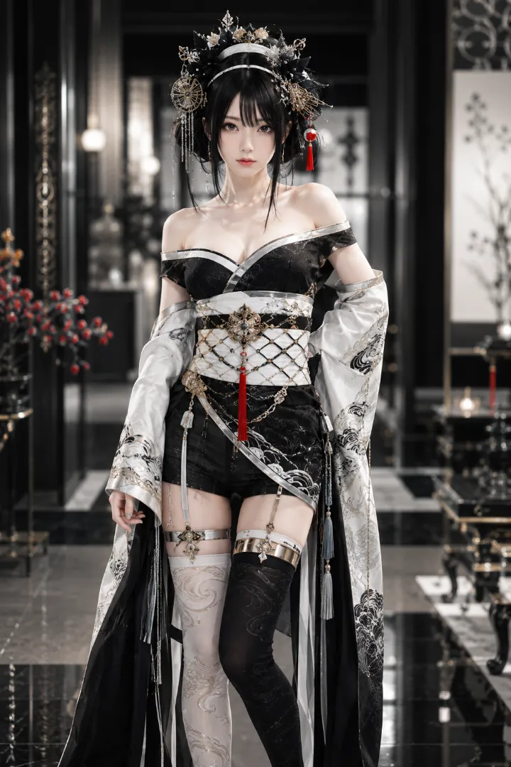 実写AI美女版｜黒白の超短丈衣装と銀白の帯を合わせたモダン花魁コーデ