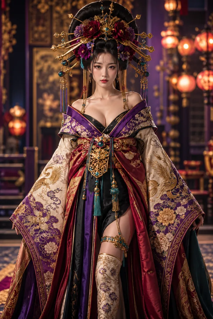 実写AI美女版｜王紫のロング着物と深紅の五重帯を合わせた豪華な花魁コーデ