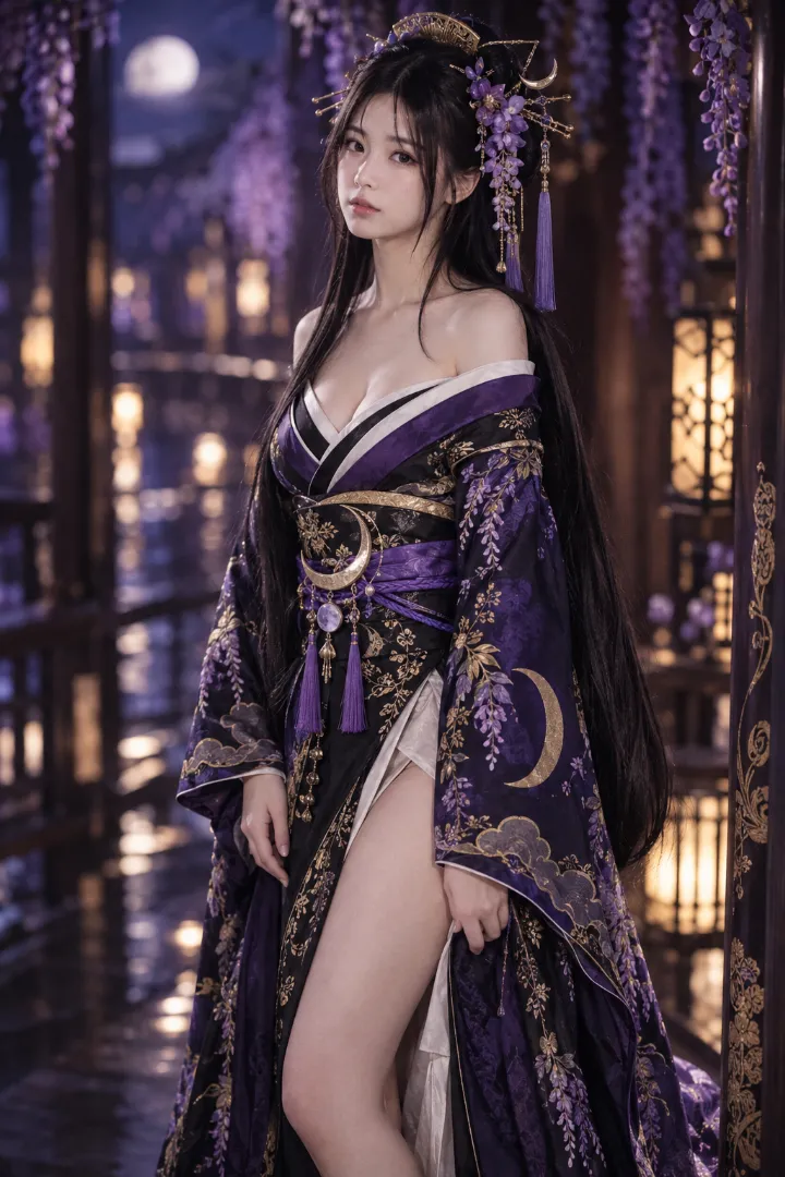 実写AI美女版｜紫紺のロング着物と黒金の帯を合わせた月と藤模様の花魁コーデ