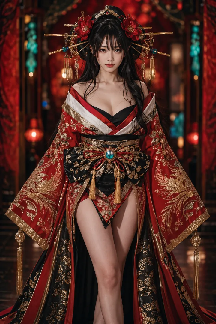 実写AI美女版｜赤黒の超短丈衣装と黒金の幅広い帯を合わせた鳳凰と椿模様の花魁コーデ