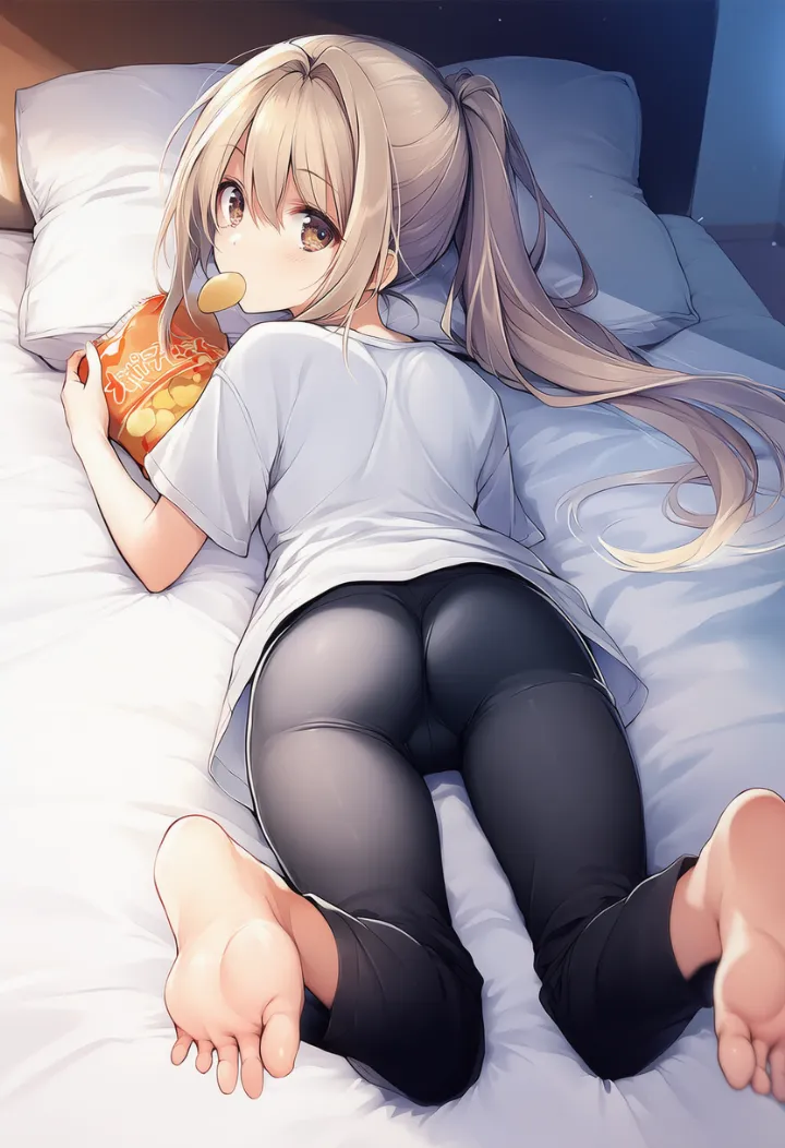 オーバーサイズTシャツとパンツ姿で、ベッドにうつ伏せになり、ポテトチップスを食べながら振り返る女性のAIイラスト