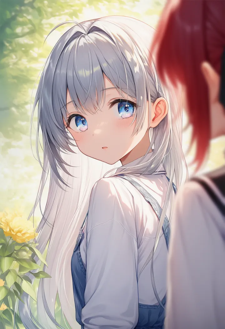 屋外で後ろ向きに立つ赤髪の女性を、後ろから振り返って見る銀髪の女性のAIイラスト