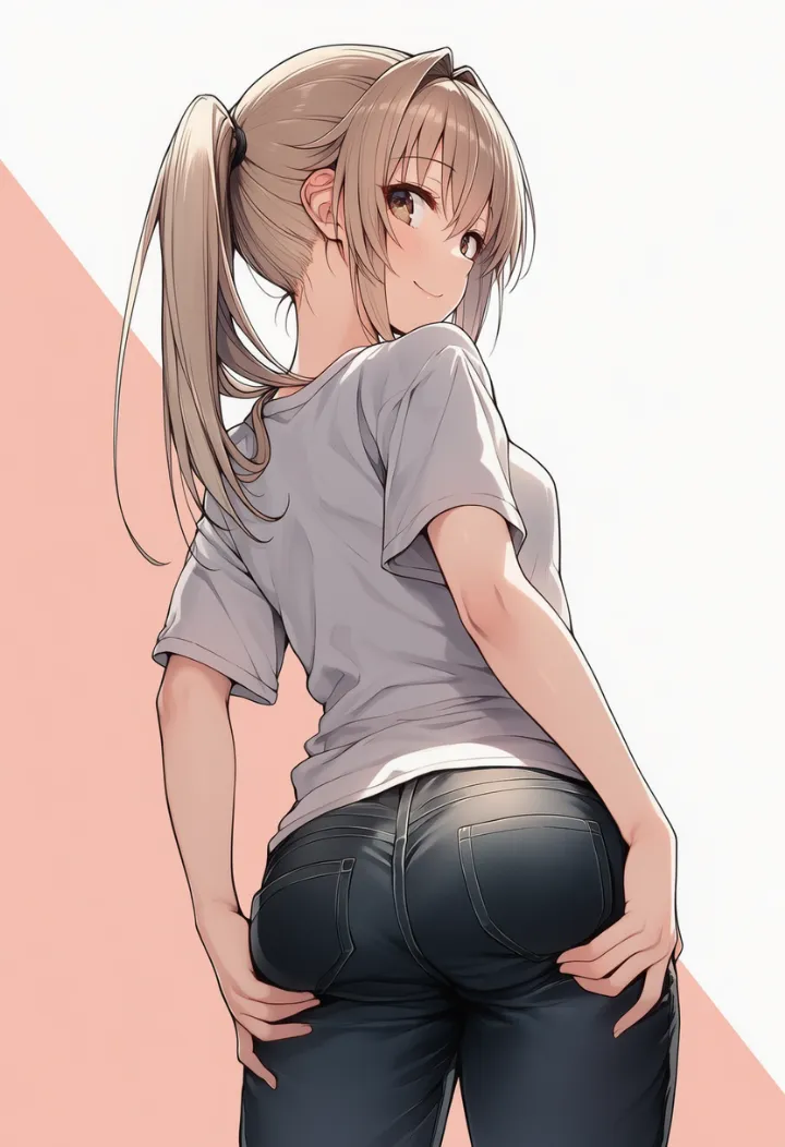 オーバーサイズTシャツとパンツ姿で、振り返りながら自分のお尻を掴む女性のAIイラスト
