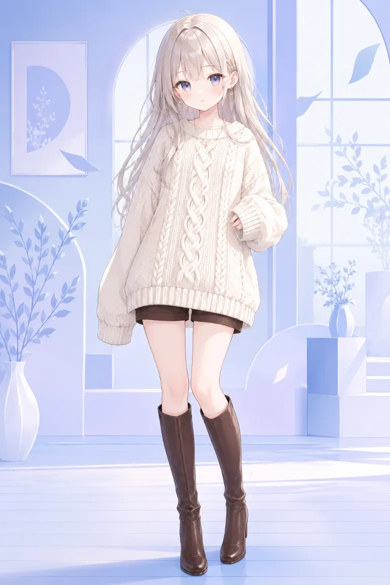 AIイラスト版｜オフホワイトのオーバーサイズケーブルニットにブラウンのショートパンツとロングブーツを合わせた萌え袖コーデ