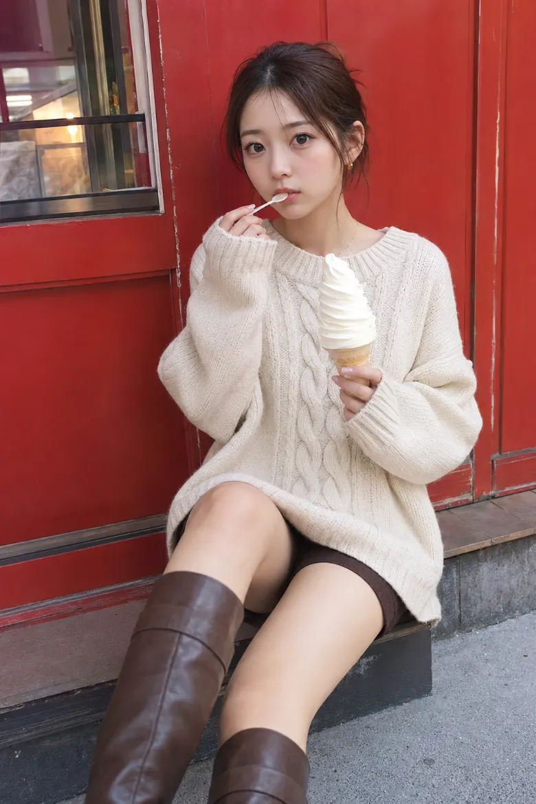 実写AI美女版｜オフホワイトのオーバーサイズケーブルニットにブラウンのショートパンツとロングブーツを合わせた萌え袖コーデ