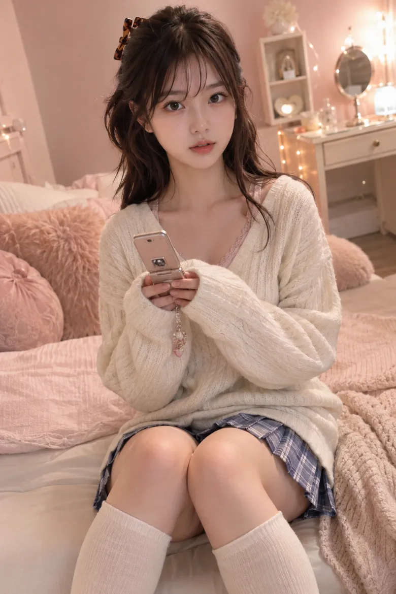 実写AI美女版｜アイボリーのオーバーサイズVネックニットにチェック柄プリーツミニと白ハイソックスを合わせたコーデ