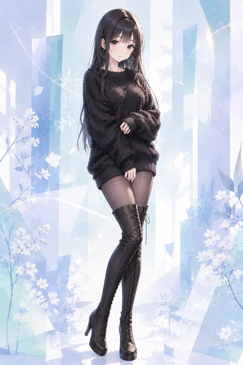 AIイラスト版｜黒のオーバーサイズモヘアニットにシアーな黒パンストと黒ニーハイブーツを合わせたコーデ