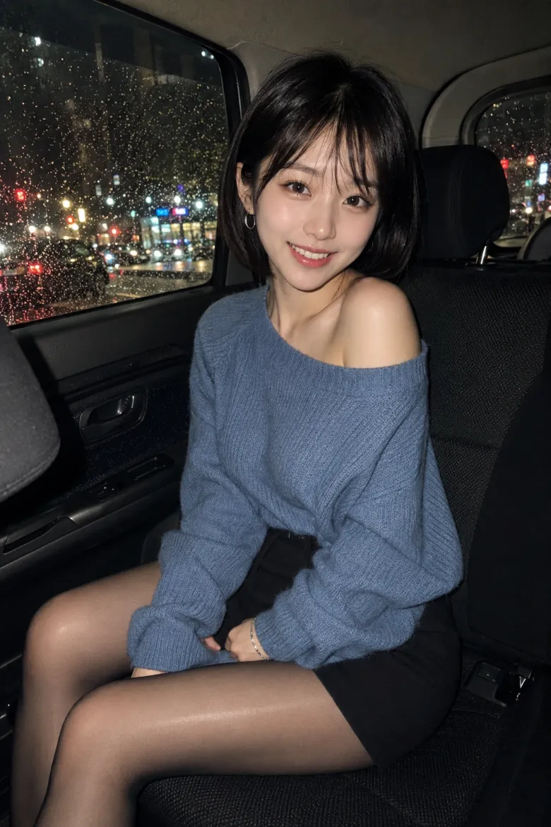 実写AI美女版｜ダスティブルーのオーバーサイズニットを片肩から落とし、黒タイトミニとシアーストッキングを合わせたコーデ