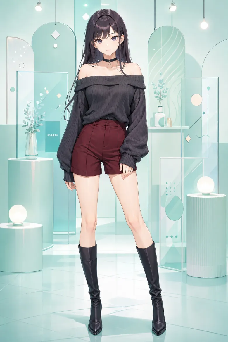 AIイラスト版｜チャコールグレーのオーバーサイズニットを両肩から落とし、ワインレッドのショートパンツと黒ロングブーツを合わせたコーデ