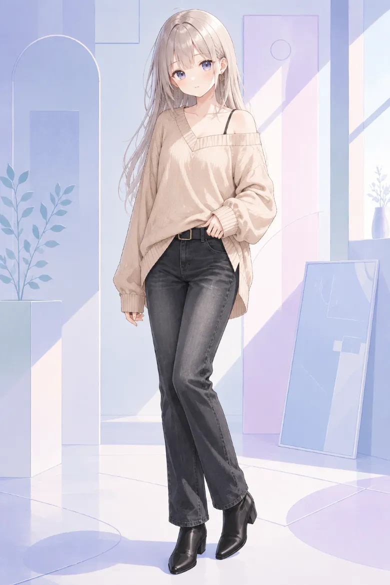 AIイラスト版｜ライトベージュのオーバーサイズVネックニットから黒インナーの肩紐を見せ、ブラックデニムを合わせたコーデ