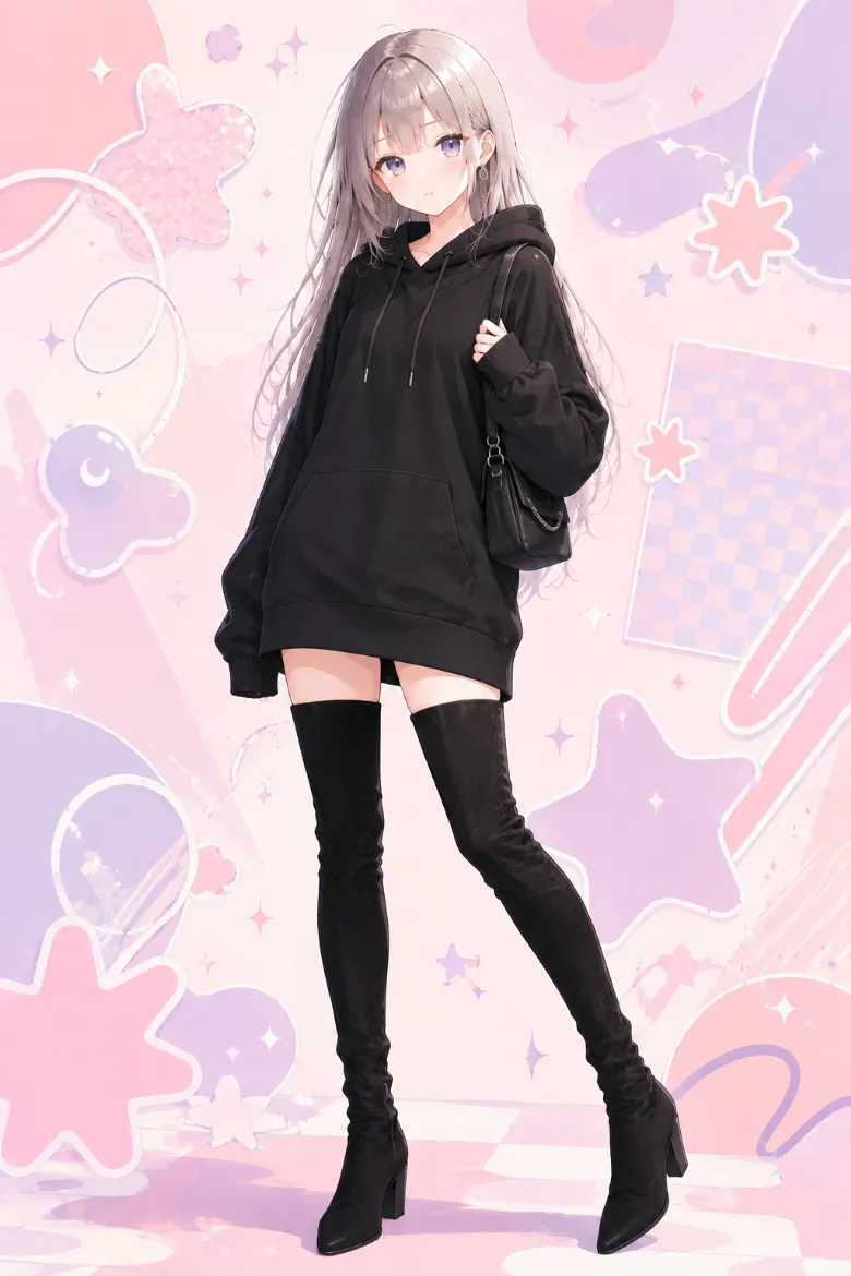 AIイラスト版｜黒のオーバーサイズパーカーに黒ニーハイブーツとミニショルダーバッグを合わせたボトムレス風コーデ