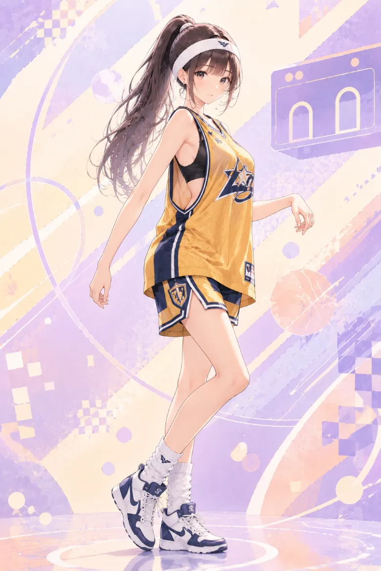 AIイラスト版｜黄×ネイビーのオーバーサイズバスケットジャージから黒スポーツブラを見せ、同色のバスケットショーツを合わせたコーデ
