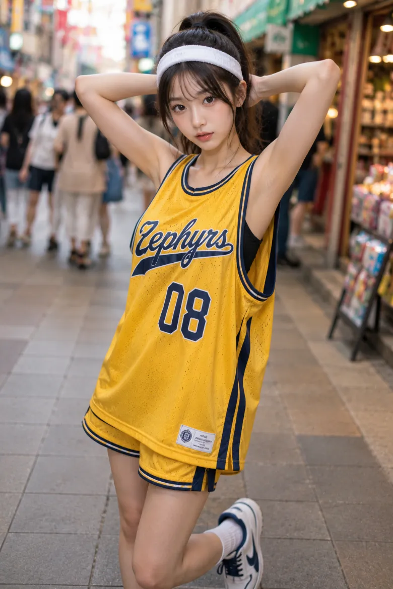 実写AI美女版｜黄×ネイビーのオーバーサイズバスケットジャージから黒スポーツブラを見せ、同色のバスケットショーツを合わせたコーデ