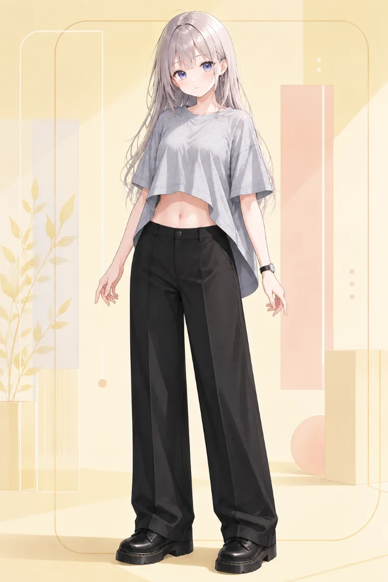 AIイラスト版｜ヘザーグレーのオーバーサイズTシャツに黒ワイドスラックスと厚底レースアップシューズを合わせたコーデ
