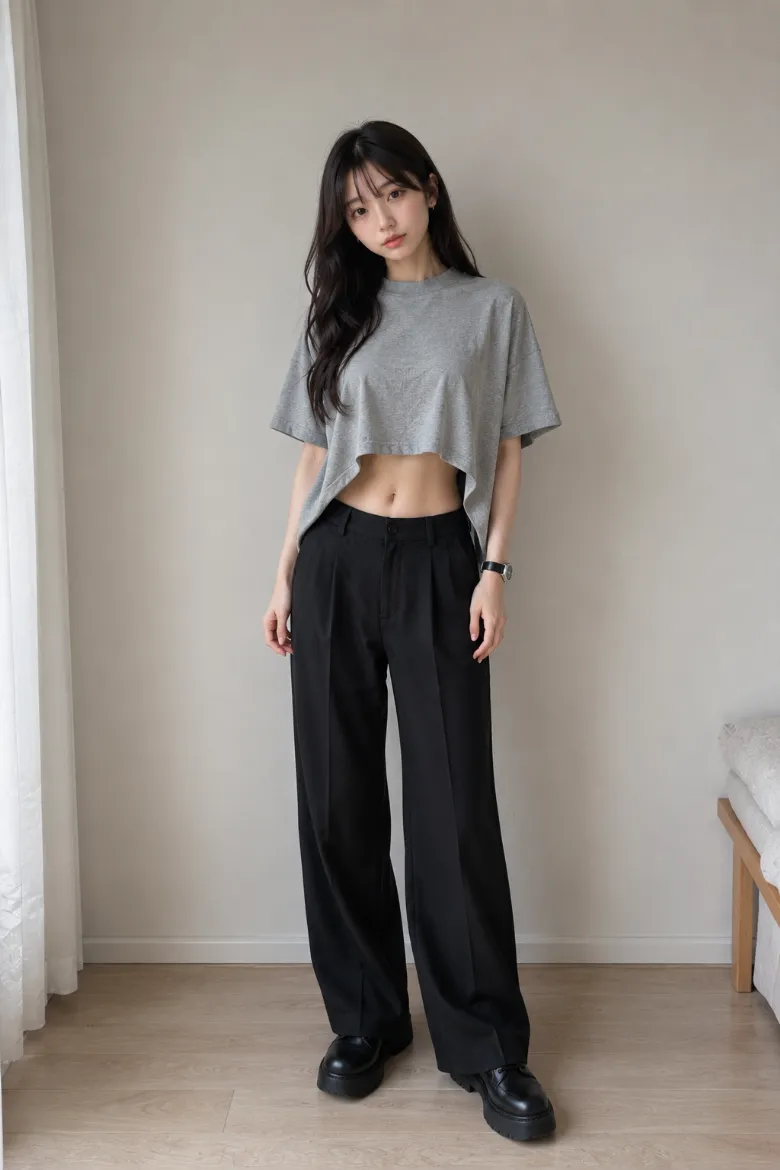 実写AI美女版｜ヘザーグレーのオーバーサイズTシャツに黒ワイドスラックスと厚底レースアップシューズを合わせたコーデ