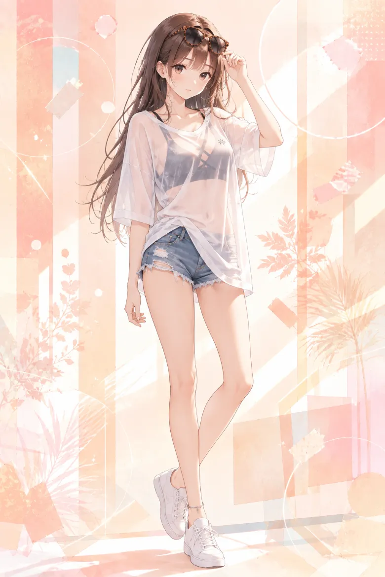AIイラスト版｜透け感のある白オーバーサイズTシャツから黒スポーツブラを見せ、デニムショートパンツと白スニーカーを合わせたコーデ