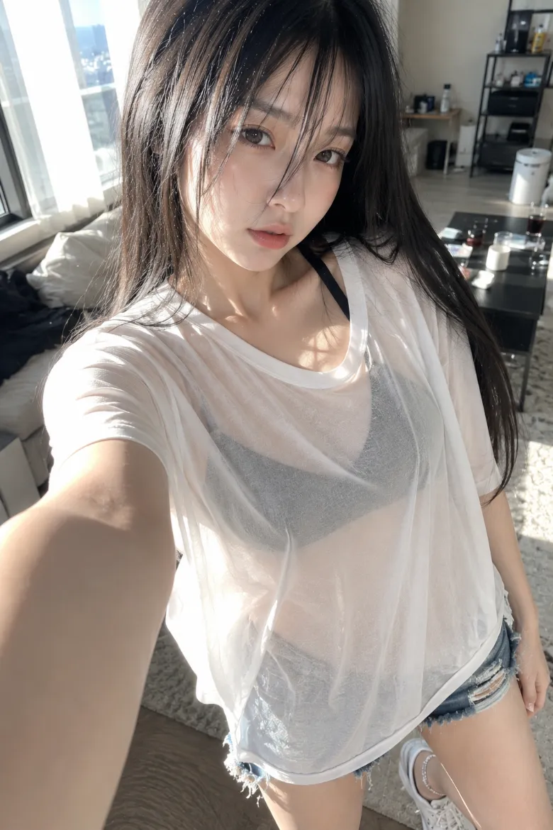 実写AI美女版｜透け感のある白オーバーサイズTシャツから黒スポーツブラを見せ、デニムショートパンツと白スニーカーを合わせたコーデ